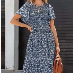 Flutter Sleeve Navy Blue Floral Maxi Dress